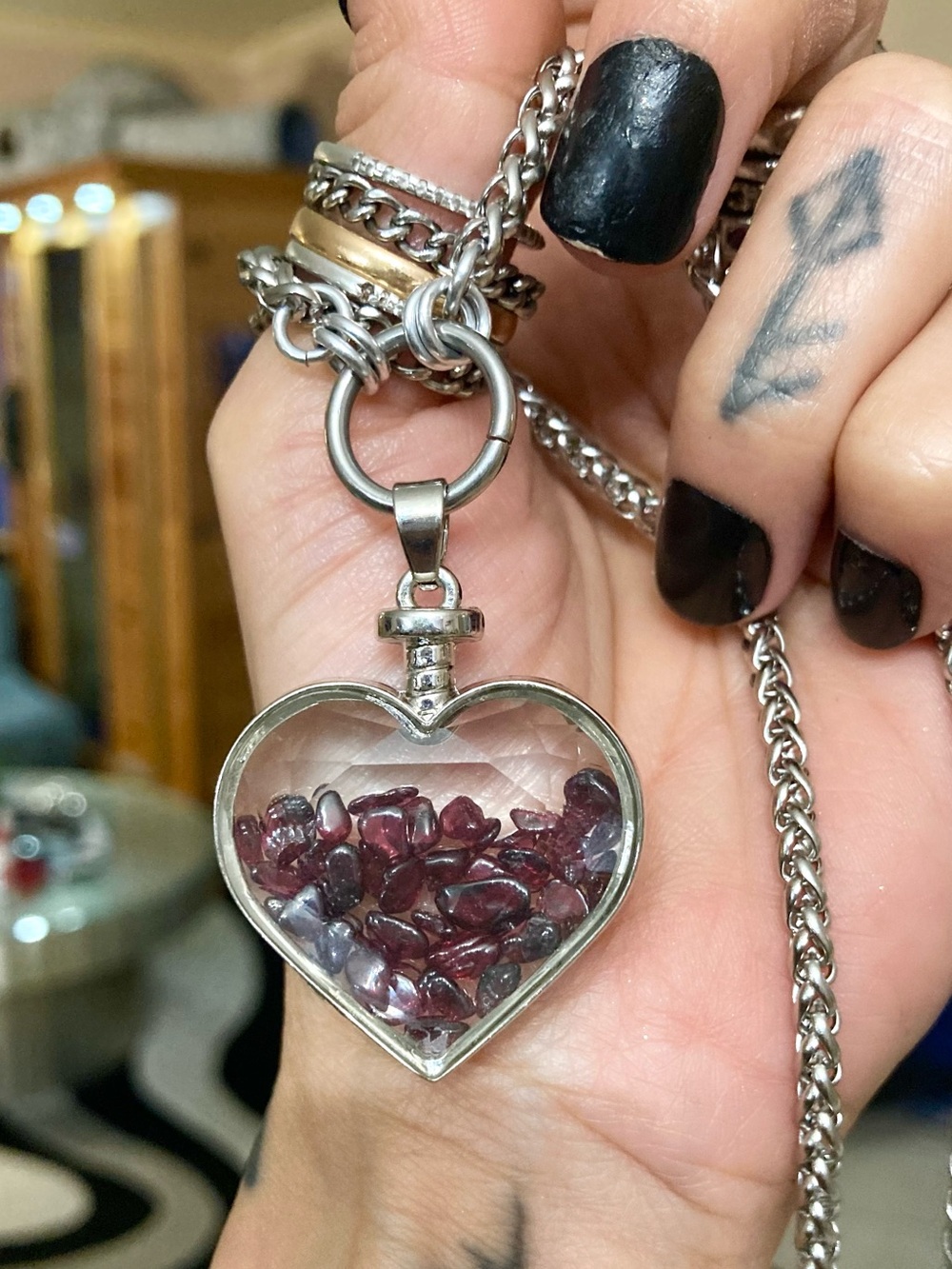 Genuine garnet gemstones chips in heart glass bottle boho silver necklace